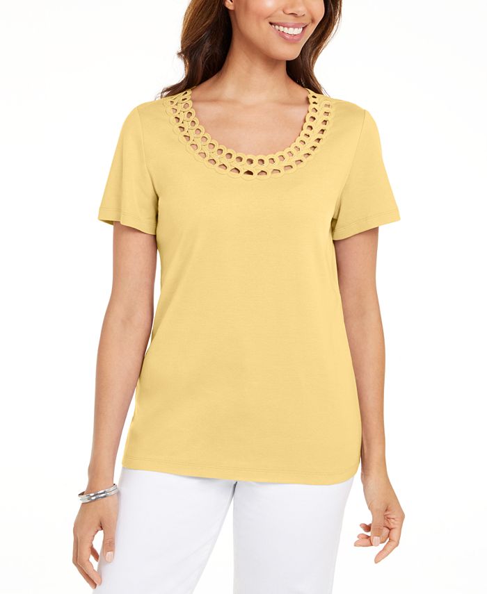 Camiseta feminina Karen Scott de algodão com gola recortada, amarela, tamanho extragrande