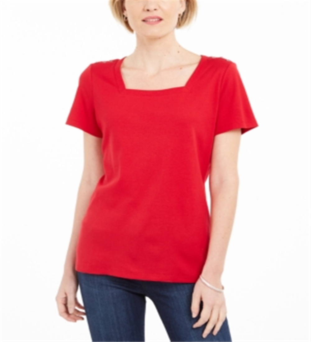 Camiseta feminina Karen Scott de algodão com gola quadrada, vermelha, tamanho XX-G