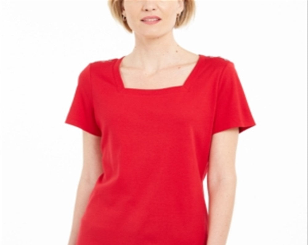Camiseta feminina Karen Scott de algodão com gola quadrada, vermelha, tamanho XX-G