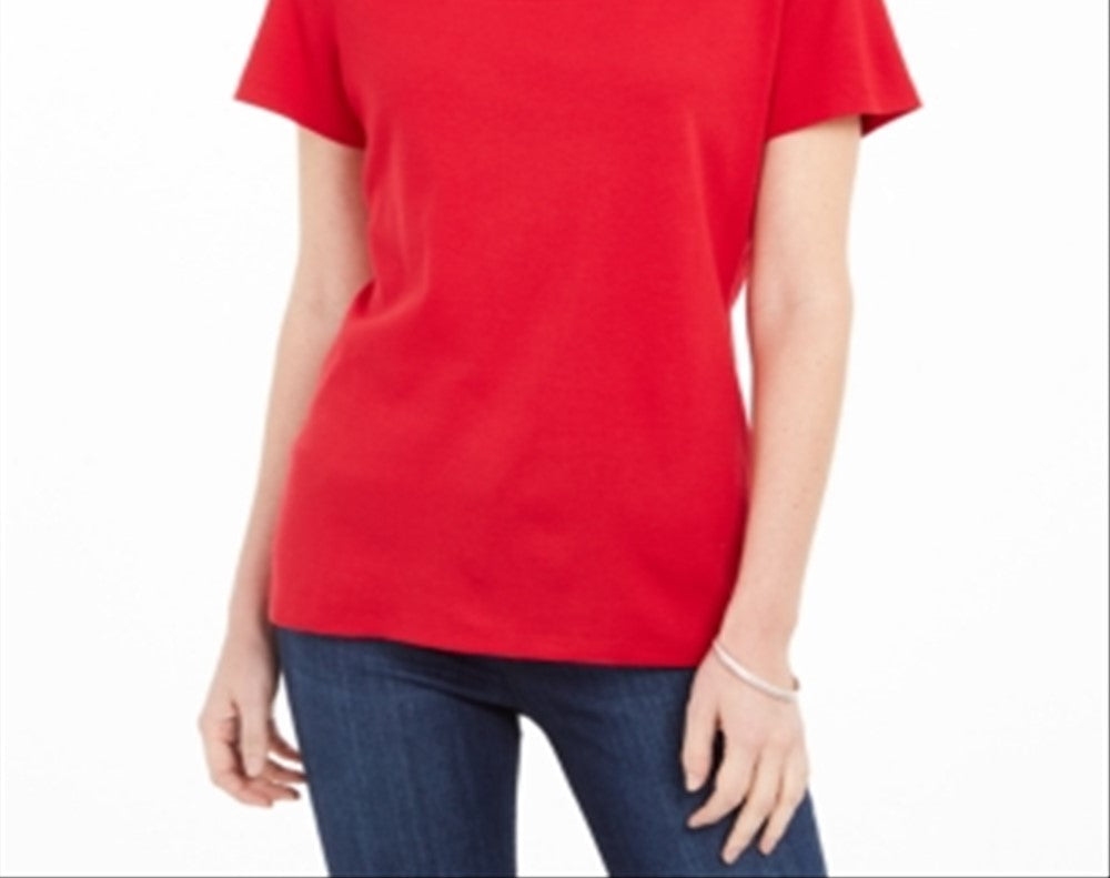 Camiseta feminina Karen Scott de algodão com gola quadrada, vermelha, tamanho XX-G