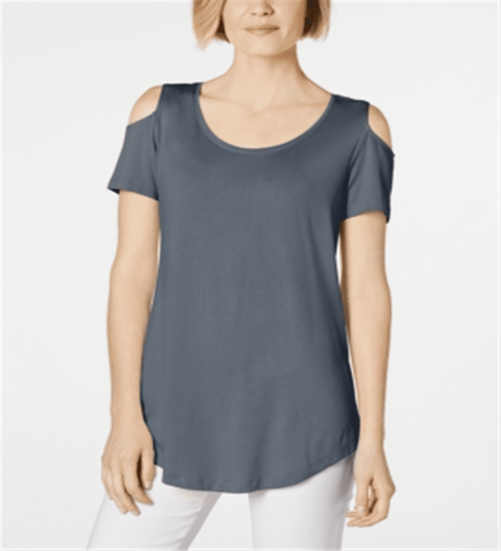 Camiseta feminina cinza com ombros descobertos, tamanho pequeno, da coleção JM