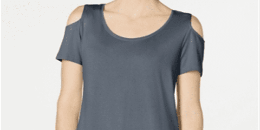 Camiseta feminina cinza com ombros descobertos, tamanho pequeno, da coleção JM