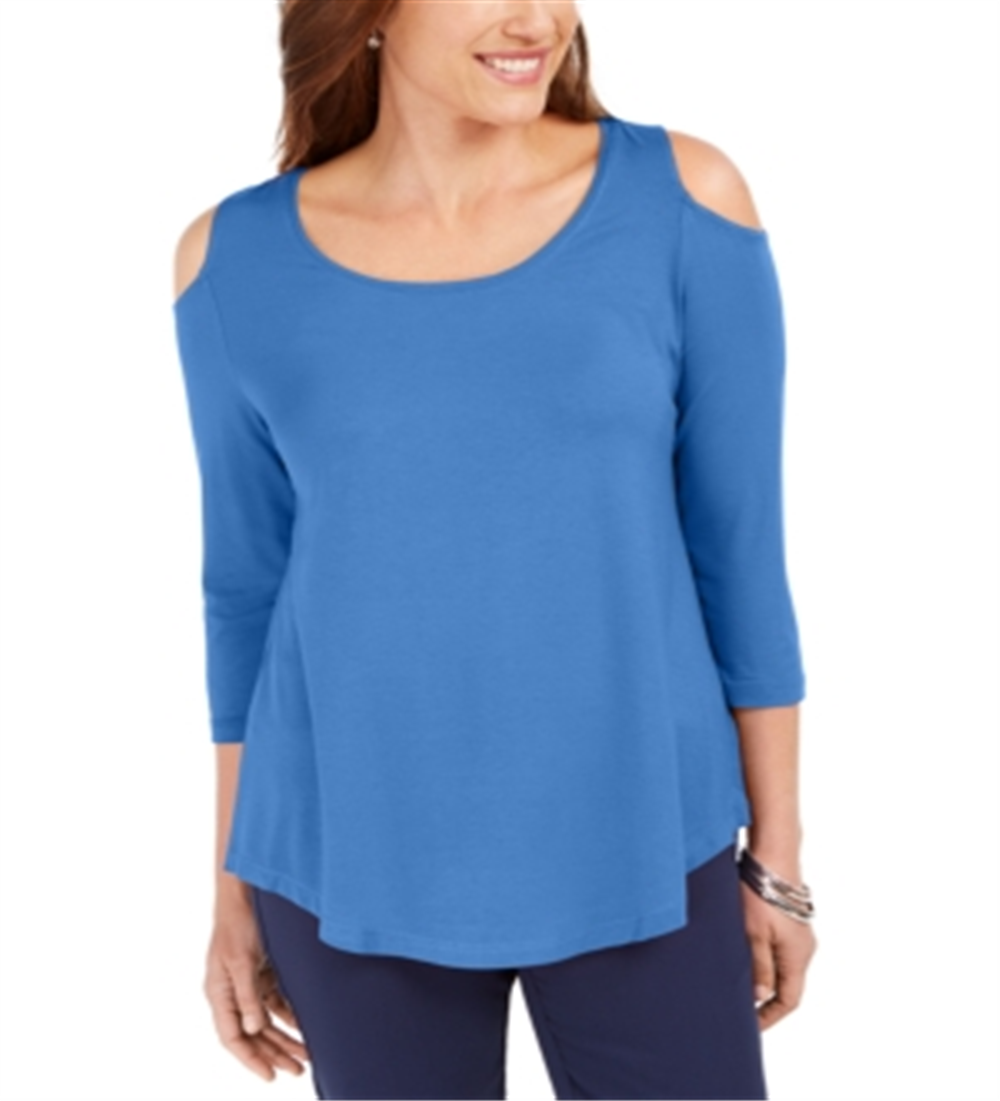 JM Collection Blusa feminina com ombros descobertos, azul, tamanho X-S