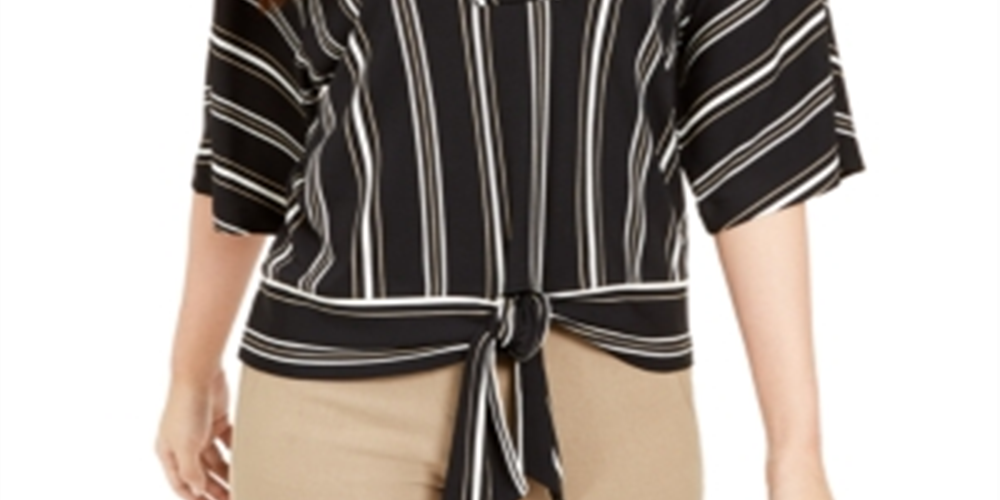 Blusa feminina Alfani listrada com gola entalhada e amarração frontal, preta, tamanho grande