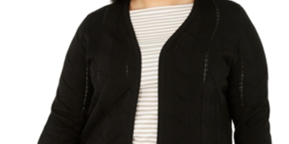 Cardigan feminino de malha Chevron com frente aberta Charter Club, preto, tamanho 3X