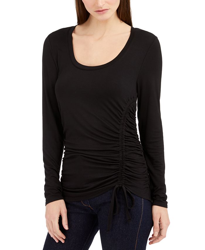 Blusa feminina de manga comprida com franzido frontal, preta, tamanho grande, da INC International Concepts