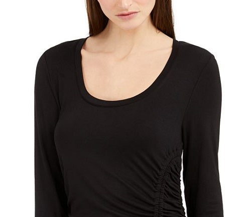 Blusa feminina de manga comprida com franzido frontal, preta, tamanho grande, da INC International Concepts