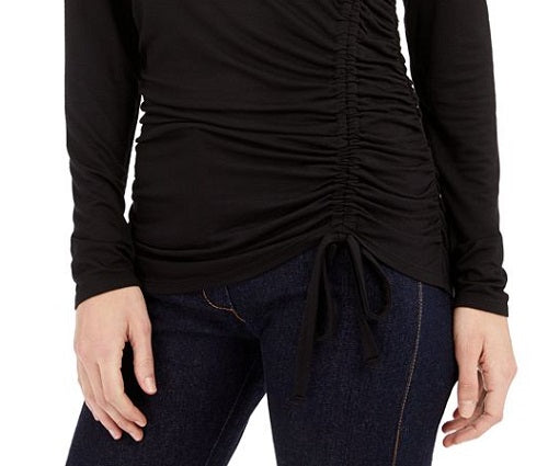 Blusa feminina de manga comprida com franzido frontal, preta, tamanho grande, da INC International Concepts