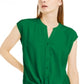 Blusa feminina INC International Concepts com bainha torcida e botões frontais, manga curta, verde, tamanho pequeno