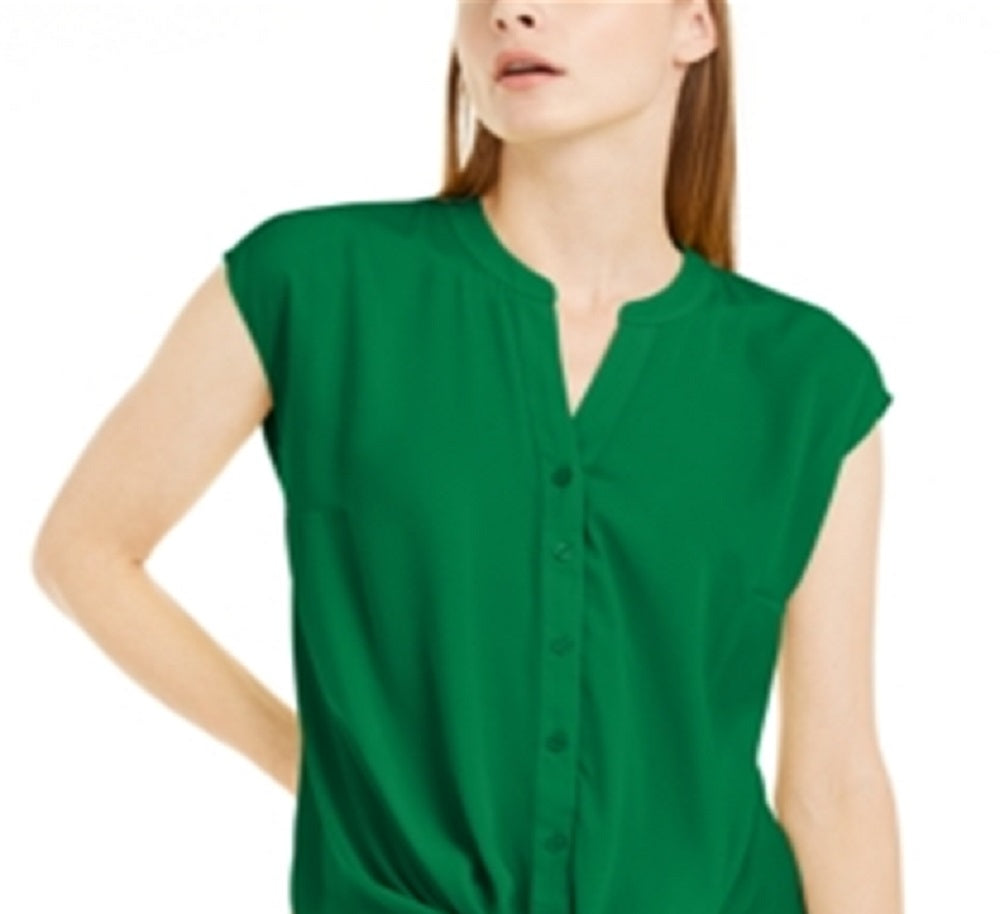 Blusa feminina INC International Concepts com bainha torcida e botões frontais, manga curta, verde, tamanho pequeno