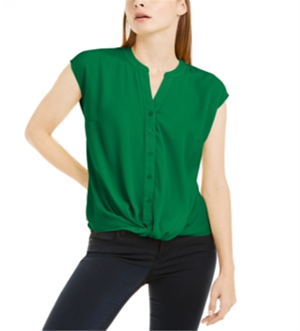 Blusa feminina INC International Concepts com bainha torcida e botões frontais, manga curta, verde, tamanho pequeno