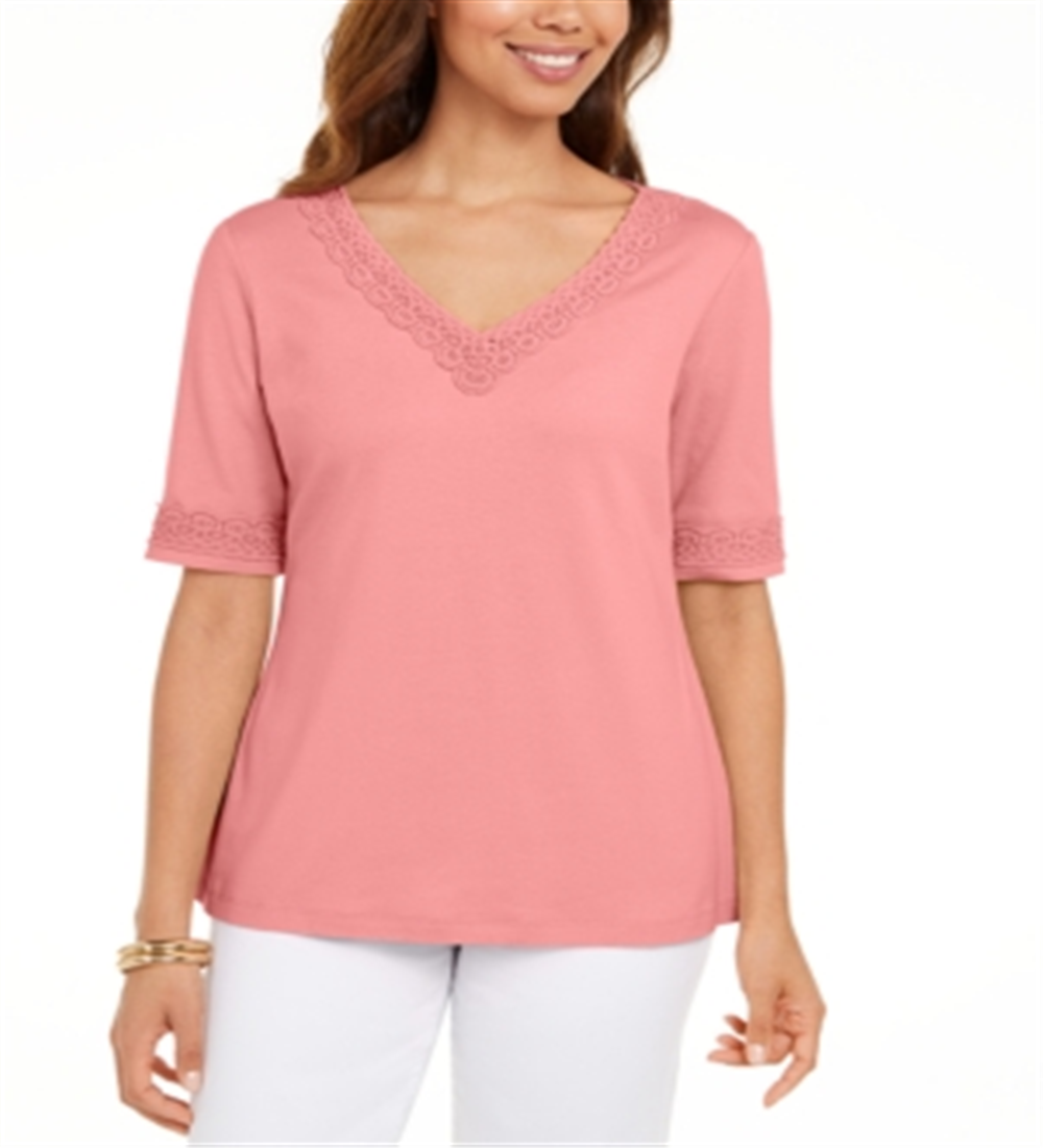Blusa feminina Karen Scott com acabamento em crochê e algodão, rosa, tamanho XX-G