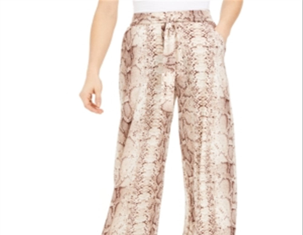 Calça feminina Bar III com estampa de pele de cobra, perna larga, marrom, tamanho pequeno