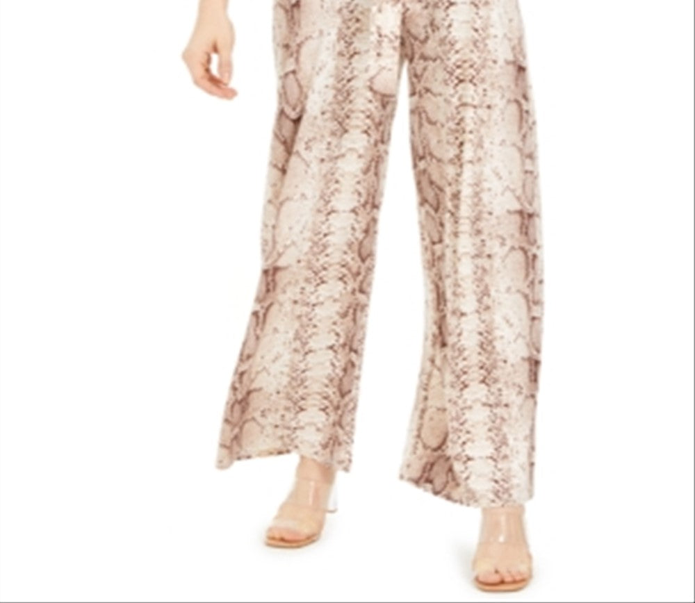 Calça feminina Bar III com estampa de pele de cobra, perna larga, marrom, tamanho pequeno