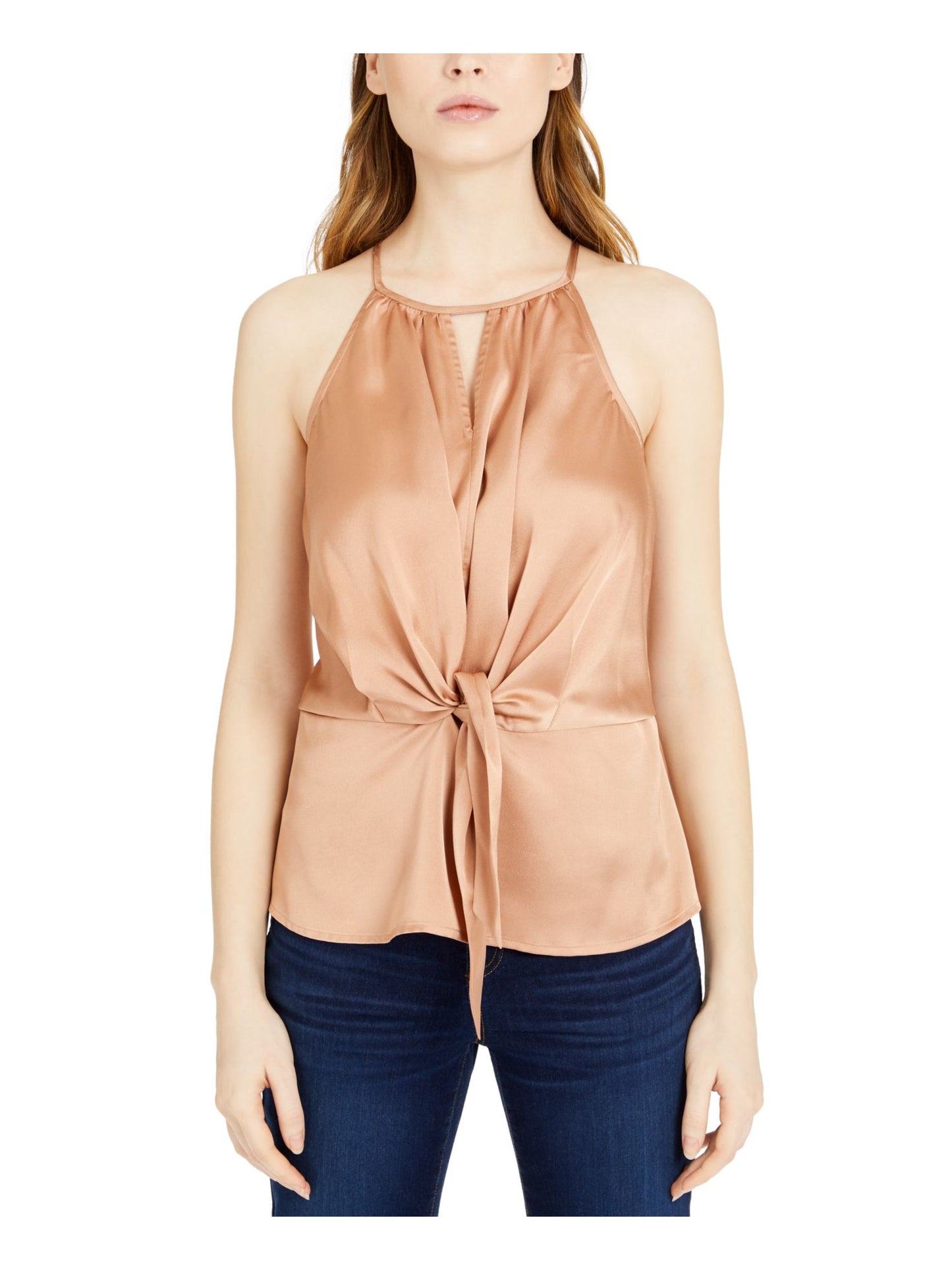 Blusa feminina sem mangas com decote redondo e manga comprida INC International Concepts, marrom, tamanho médio