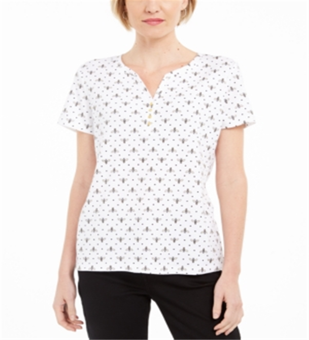 Camiseta Henley com estampa de abelha feminina Karen Scott, branca, tamanho médio