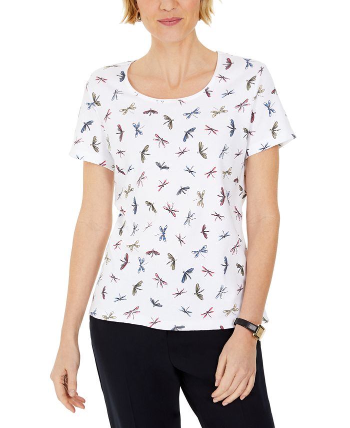 Blusa feminina Karen Scott com estampa de libélula, branca, tamanho XX-G