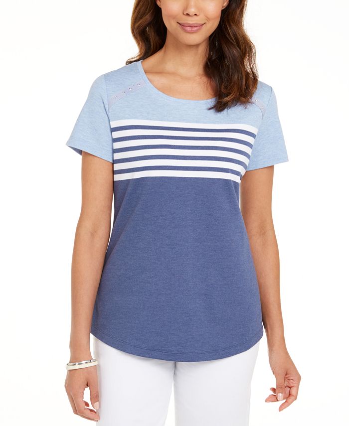 Karen Scott Tara Colorblocked Listras Rebite Top Feminino Azul Tamanho X-S