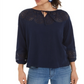 Top feminino estilo camponês de algodão com ilhós, azul, tamanho X-S