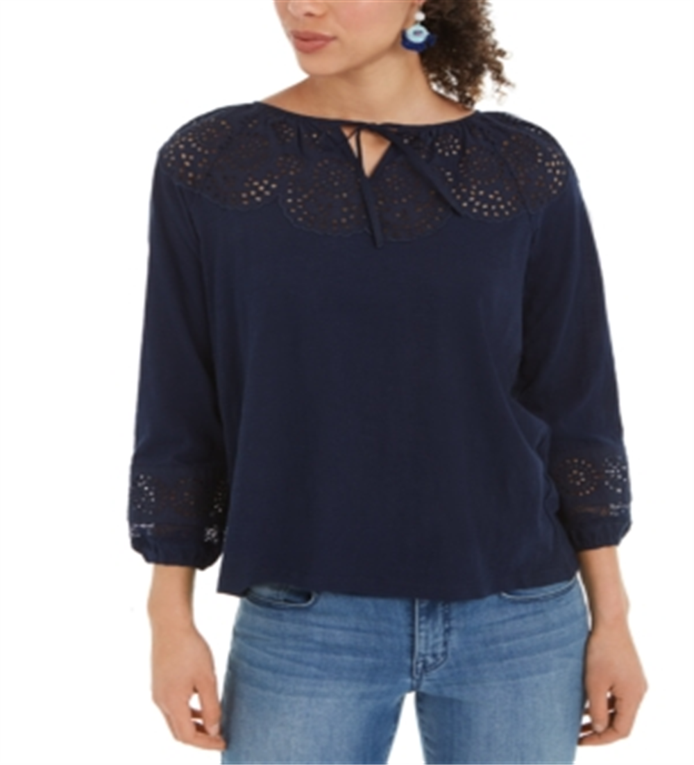Top feminino estilo camponês de algodão com ilhós, azul, tamanho X-S