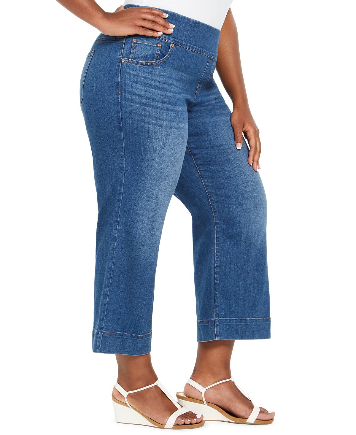 Calça jeans feminina estilo &amp; co, perna larga, azul, tamanho pequeno pequeno