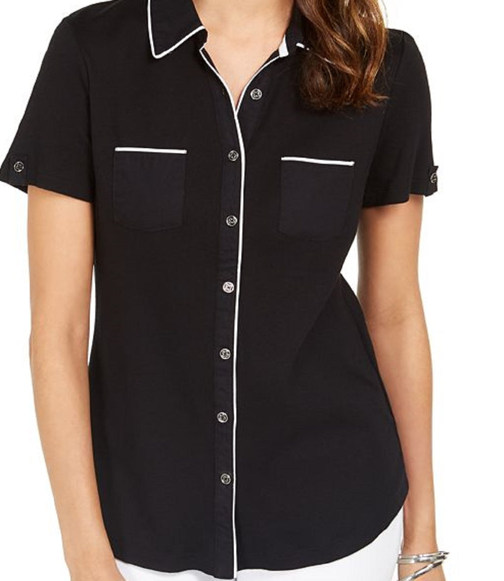 Karen Scott Blusa feminina com botões e debrum de algodão, preta, tamanho extragrande