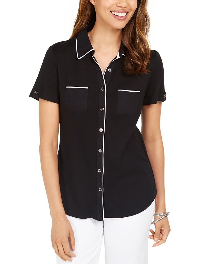 Karen Scott Blusa feminina com botões e debrum de algodão, preta, tamanho extragrande