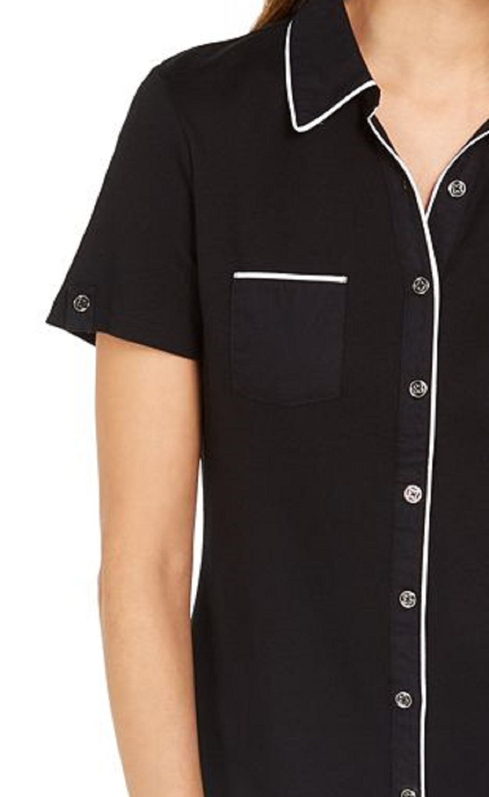 Karen Scott Blusa feminina com botões e debrum de algodão, preta, tamanho extragrande