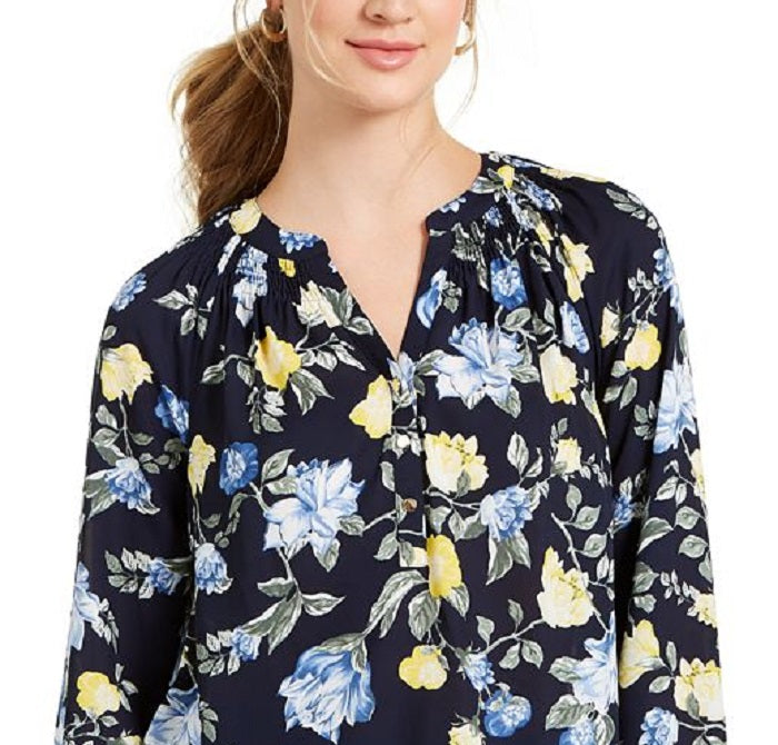 Blusa feminina com estampa floral em georgette, azul, tamanho extrapequeno, Charter Club