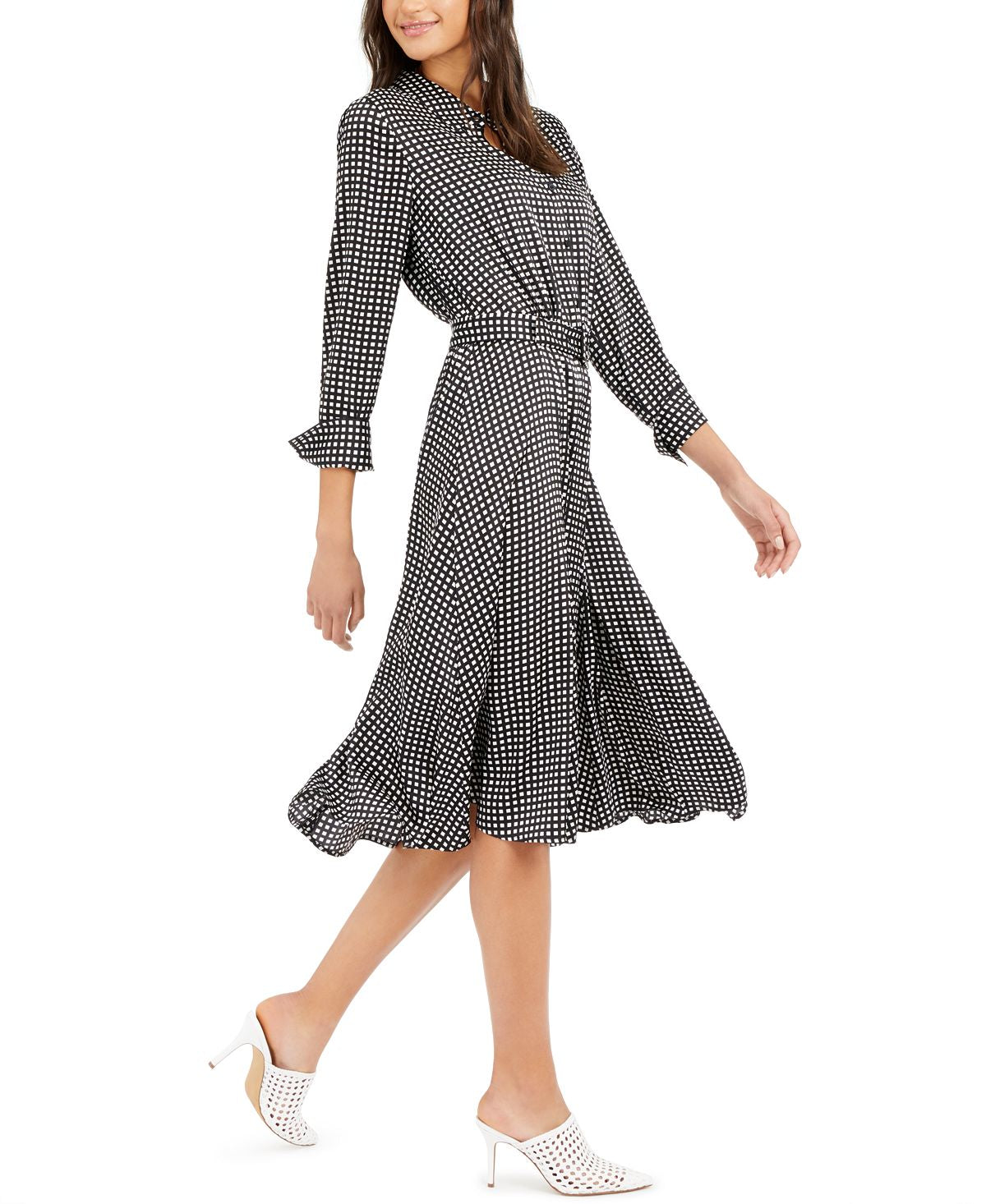Vestido Alfani Feminino Estampado com Cinto e Saia Flare Preto Tamanho 12