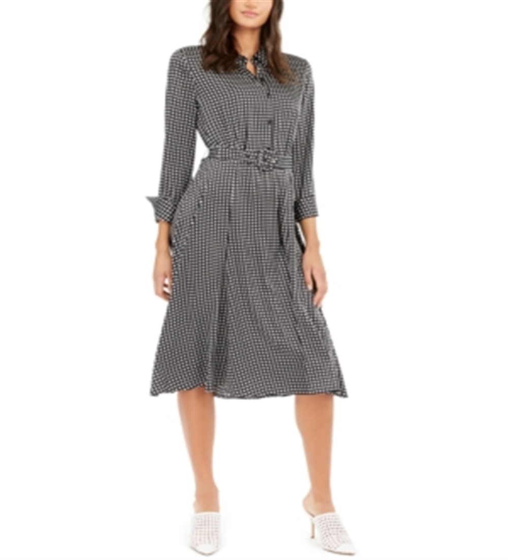 Vestido Alfani Feminino Estampado com Cinto e Saia Flare Preto Tamanho 16