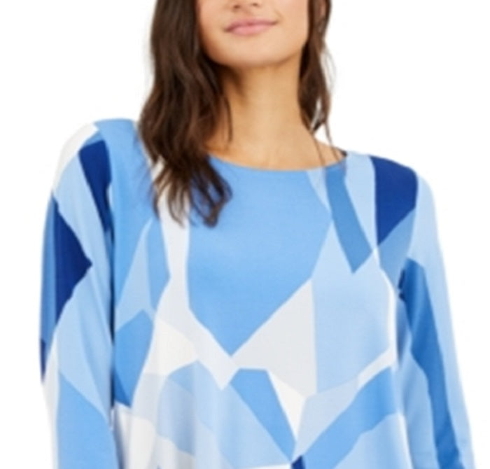 Túnica feminina Alfani estampada com manga 3/4 para usar no trabalho, azul, tamanho pequeno