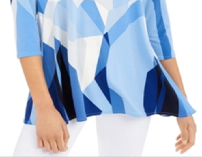 Túnica feminina Alfani estampada com manga 3/4 para usar no trabalho, azul, tamanho pequeno