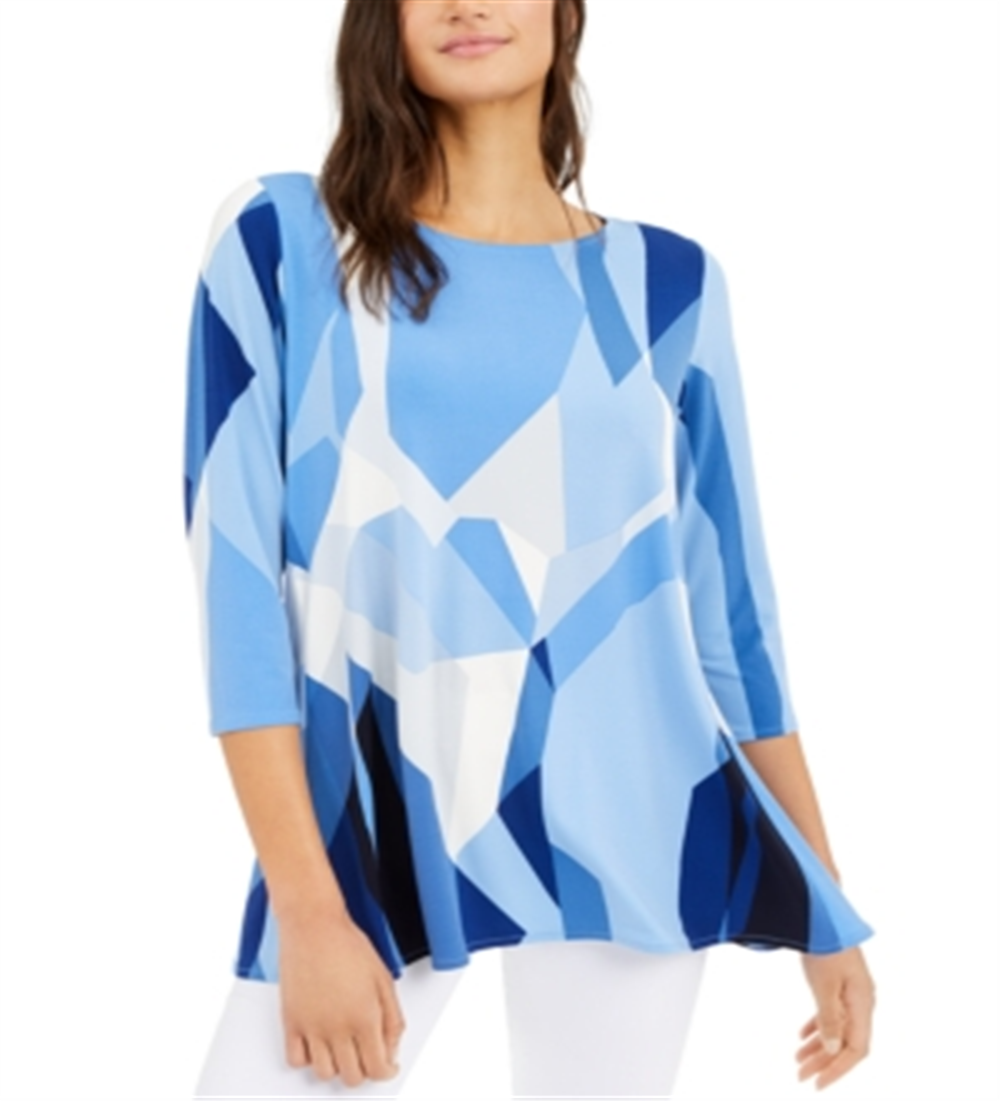 Túnica feminina Alfani estampada com manga 3/4 para usar no trabalho, azul, tamanho pequeno