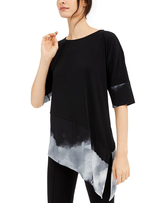 Blusa feminina Alfani estampada, manga curta, decote redondo, preta, tamanho grande