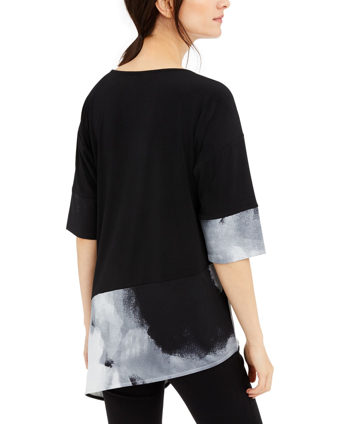 Blusa feminina Alfani estampada, manga curta, decote redondo, preta, tamanho grande