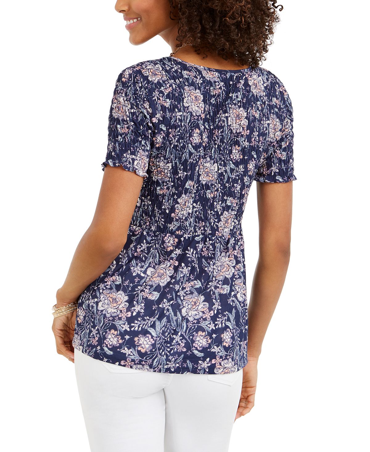 Blusa smocked estampada feminina Style &amp; Co, azul, tamanho X-S