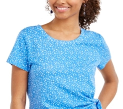 Blusa feminina estampada com amarração lateral, azul, tamanho X-S