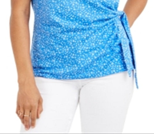 Blusa feminina estampada com amarração lateral, azul, tamanho X-S