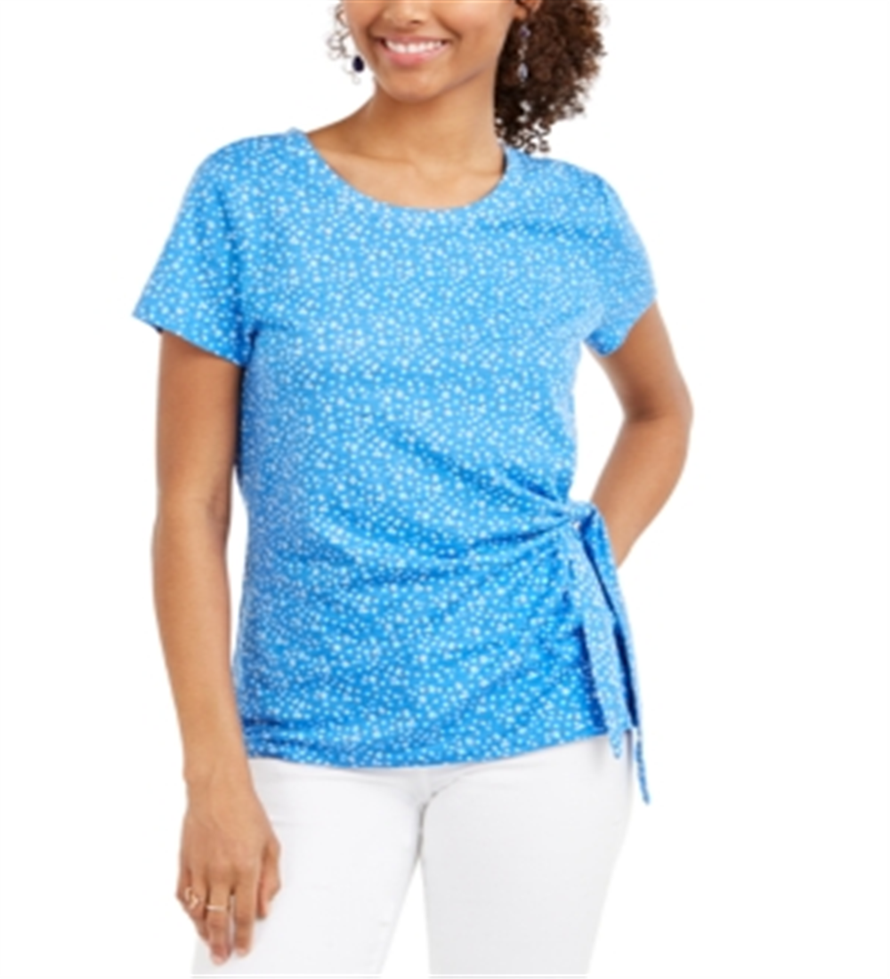 Blusa feminina estampada com amarração lateral, azul, tamanho X-S