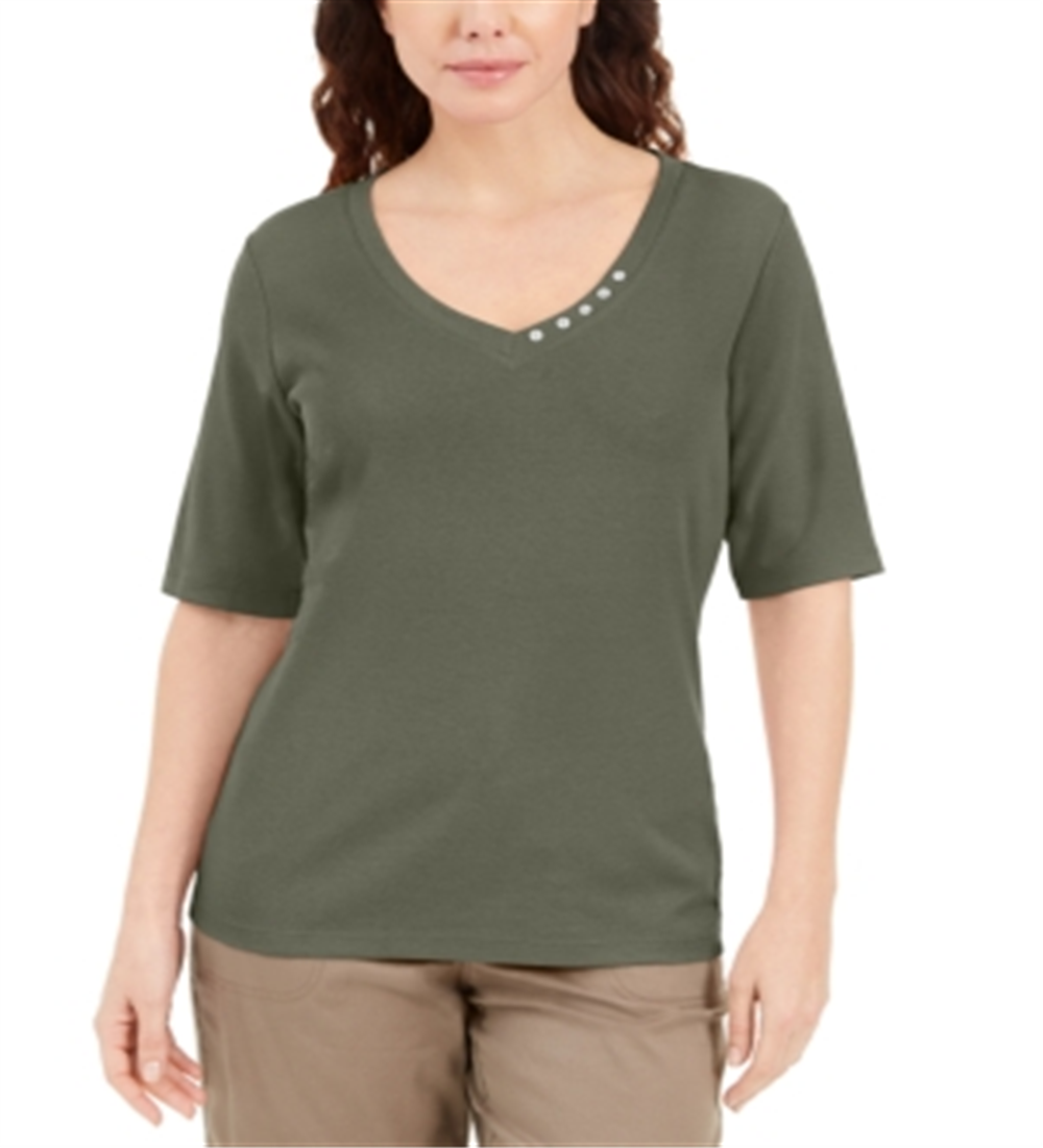 Karen Scott Blusa Feminina com Detalhe de Botão e Gola V Verde Tamanho XS