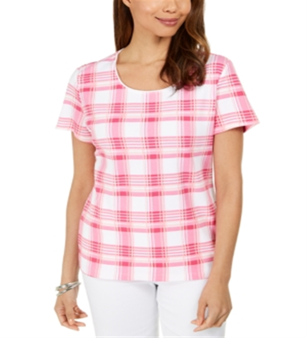 Karen Scott Blusa feminina estampada com decote redondo, rosa, tamanho X-S