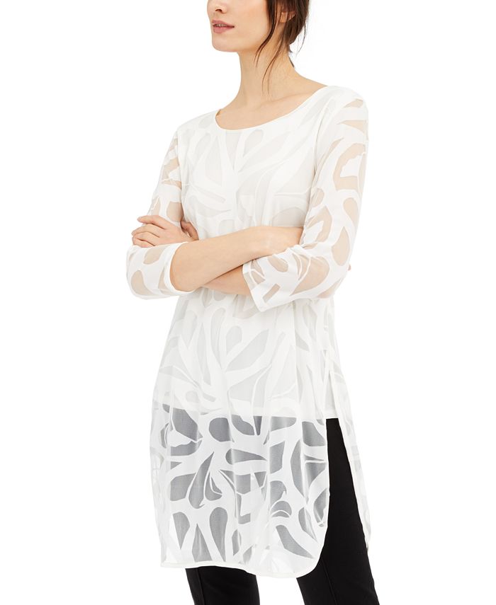 Blusa feminina Alfani, túnica, bainha dividida, decote redondo, branca, tamanho médio