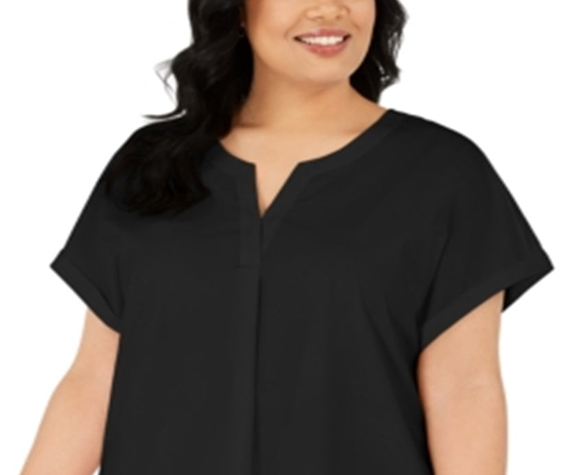 Blusa elástica com decote em V Alfani feminina, preta, tamanho 1X