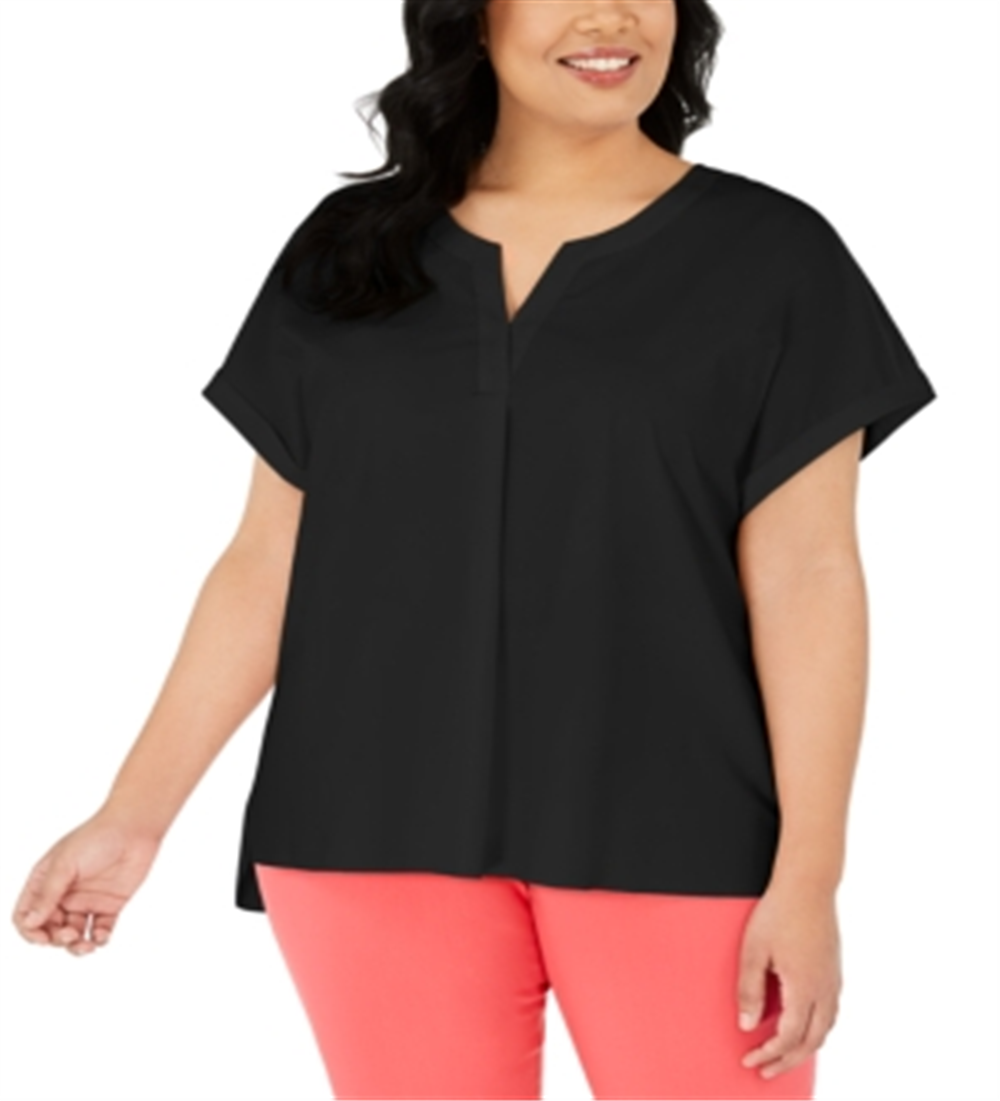 Blusa elástica com decote em V Alfani feminina, preta, tamanho 1X