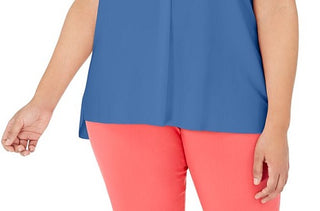 Blusa feminina Alfani Plus com decote dividido e manga curta, azul, tamanho 1X