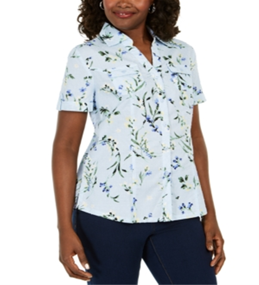 Camisa feminina Karen Scott de algodão com estampa floral, azul, tamanho grande