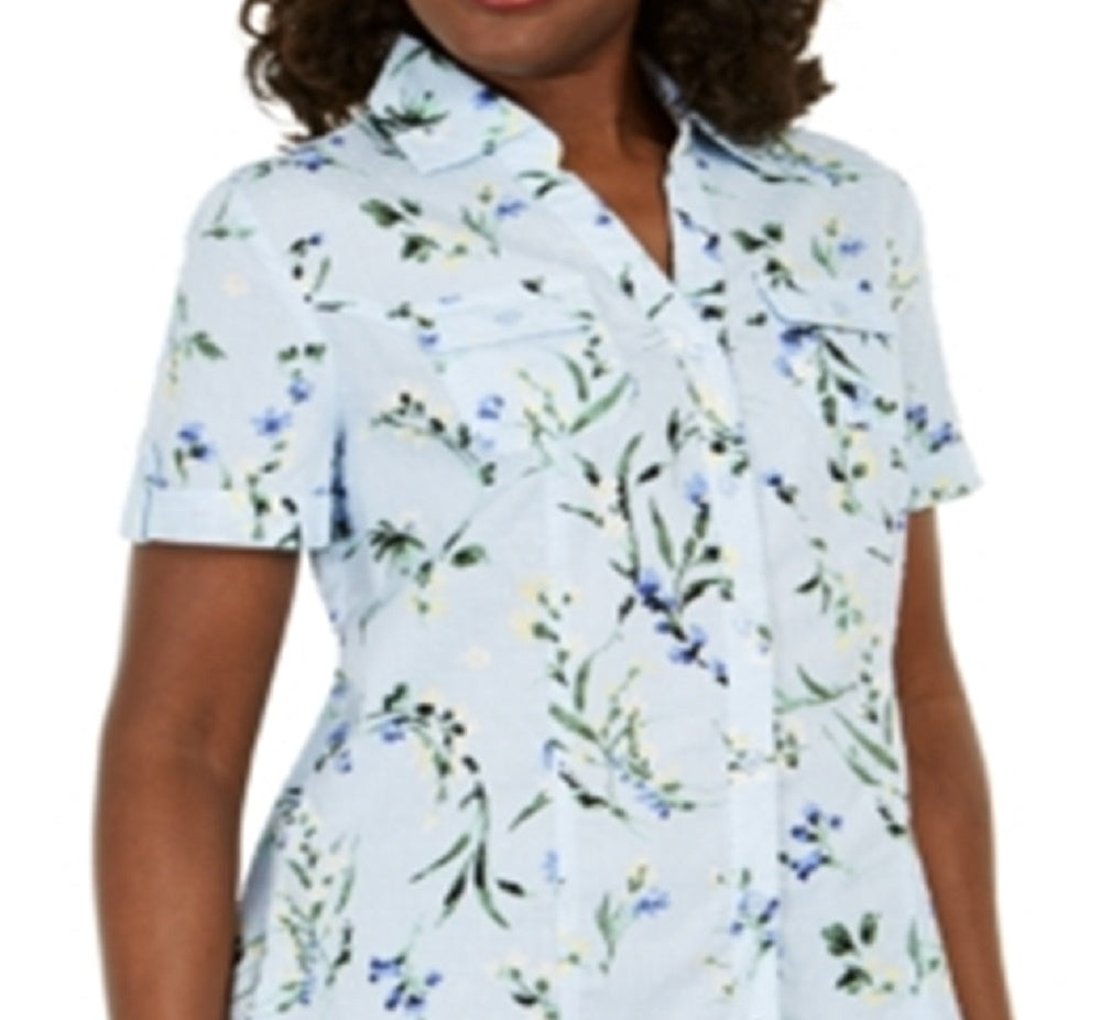 Camisa feminina Karen Scott de algodão com estampa floral, azul, tamanho grande