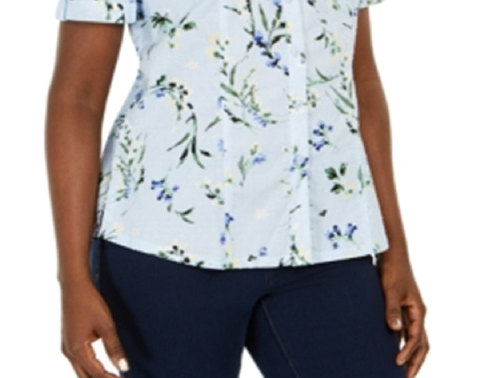Camisa feminina Karen Scott de algodão com estampa floral, azul, tamanho grande