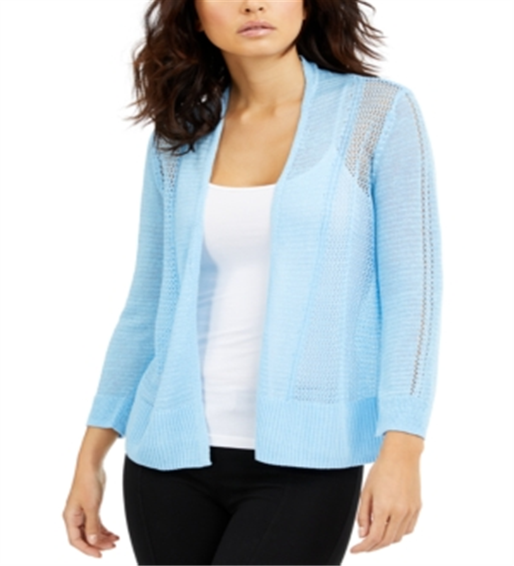Cardigan Alfani Feminino de Linho Misto com Frente Aberta Azul Tamanho Grande